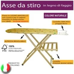 Asse Tavola Da Stiro In Legno Di Faggio Naturale Piano 118X35 Cm Regolabile In 3 Altezze Poggia Ferro In Acciaio E Porta Biancheria Gommini Antiscivolo -Rowentus Negozio 58272623 2