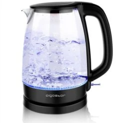 Aigostar Adam - Bollitore Acqua Elettrico In Vetro Borosilicato Con LED, 1,7 Litri, 2200W, Spegnimento Automatico, Filtro Anticalcare, , Base Di Rotazione A 360° In Acciaio Inox, Teiera Senza BPA Nero