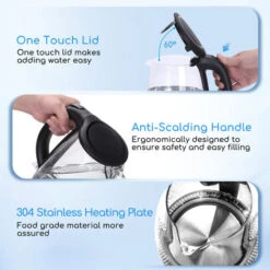 Aigostar Adam - Bollitore Acqua Elettrico In Vetro Borosilicato Con LED, 1,7 Litri, 2200W, Spegnimento Automatico, Filtro Anticalcare, , Base Di Rotazione A 360° In Acciaio Inox, Teiera Senza BPA Nero -Rowentus Negozio 72603444 4