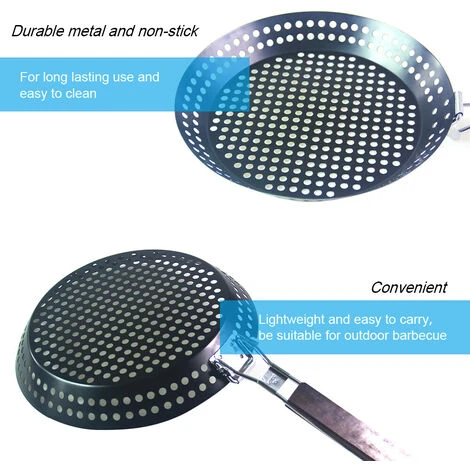 Padella Per Grigliare In Metallo Antiaderente Con Manico Pieghevole In Legno Padella Per Griglia Con Fori Manico Rimovibile Per Grill All'aperto Topper Padella Per Barbecue Per Verdure Carne Di Pesce 5 Padella Per Grigliare In Metallo Antiaderente Con Manico Pieghevole In Legno Padella Per Griglia Con Fori Manico Rimovibile Per Grill All'aperto Topper Padella Per Barbecue Per Verdure Carne Di Pesce - immagine 3