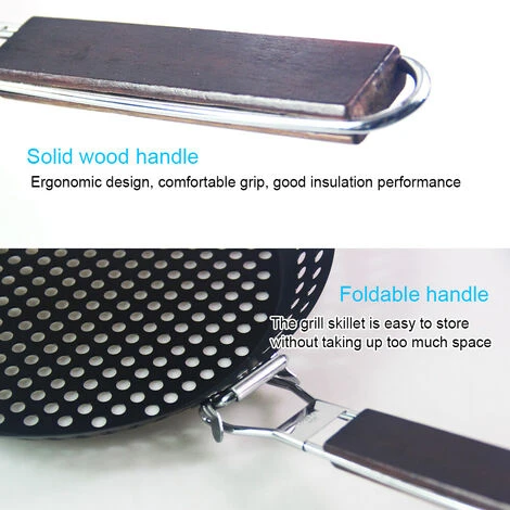 Padella Per Grigliare In Metallo Antiaderente Con Manico Pieghevole In Legno Padella Per Griglia Con Fori Manico Rimovibile Per Grill All'aperto Topper Padella Per Barbecue Per Verdure Carne Di Pesce 6 Padella Per Grigliare In Metallo Antiaderente Con Manico Pieghevole In Legno Padella Per Griglia Con Fori Manico Rimovibile Per Grill All'aperto Topper Padella Per Barbecue Per Verdure Carne Di Pesce - immagine 4