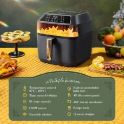 Aigostar Zane - Friggitrice Ad Aria Da 8 Litri E 1700W Con Ampia Finestra Di Visualizzazione. 12 Impostazioni Di Menu Preimpostate, Comandi Luminosi , Touch Screen LED, Con Ricettario, BPA FREE -Rowentus Negozio 86973733 3