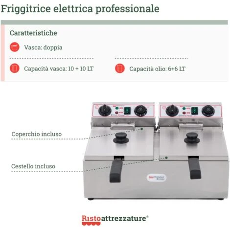 Friggitrice Elettrica Professionale 10+10 Litri Doppia Vasca In Acciaio Inox Per Pub Bar Ristoranti Da Banco 4 Friggitrice Elettrica Professionale 10+10 Litri Doppia Vasca In Acciaio Inox Per Pub Bar Ristoranti Da Banco - immagine 2